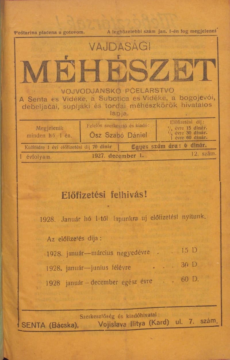 Vajdasági méhészet, 2. évf. 1927. december 1. 12. sz.