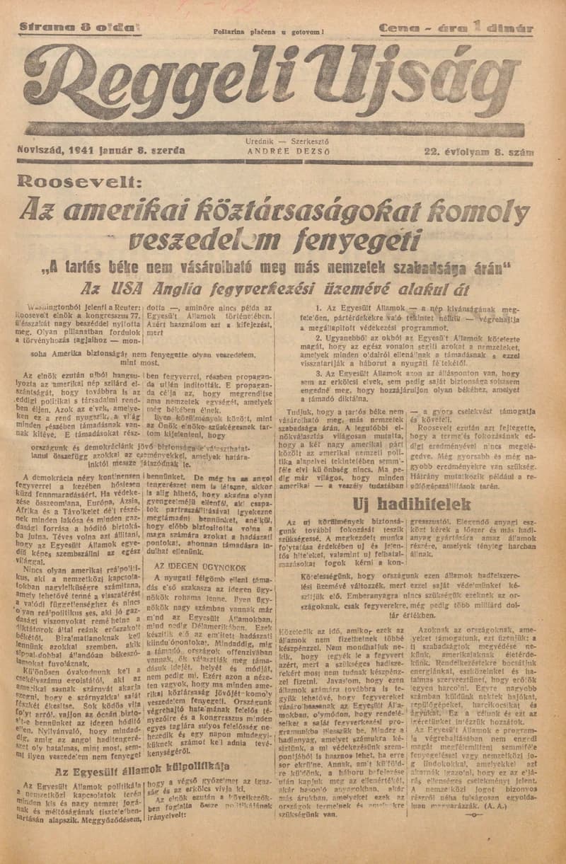 Reggeli Újság, 22. évf. 1941. január 8. 8. sz.