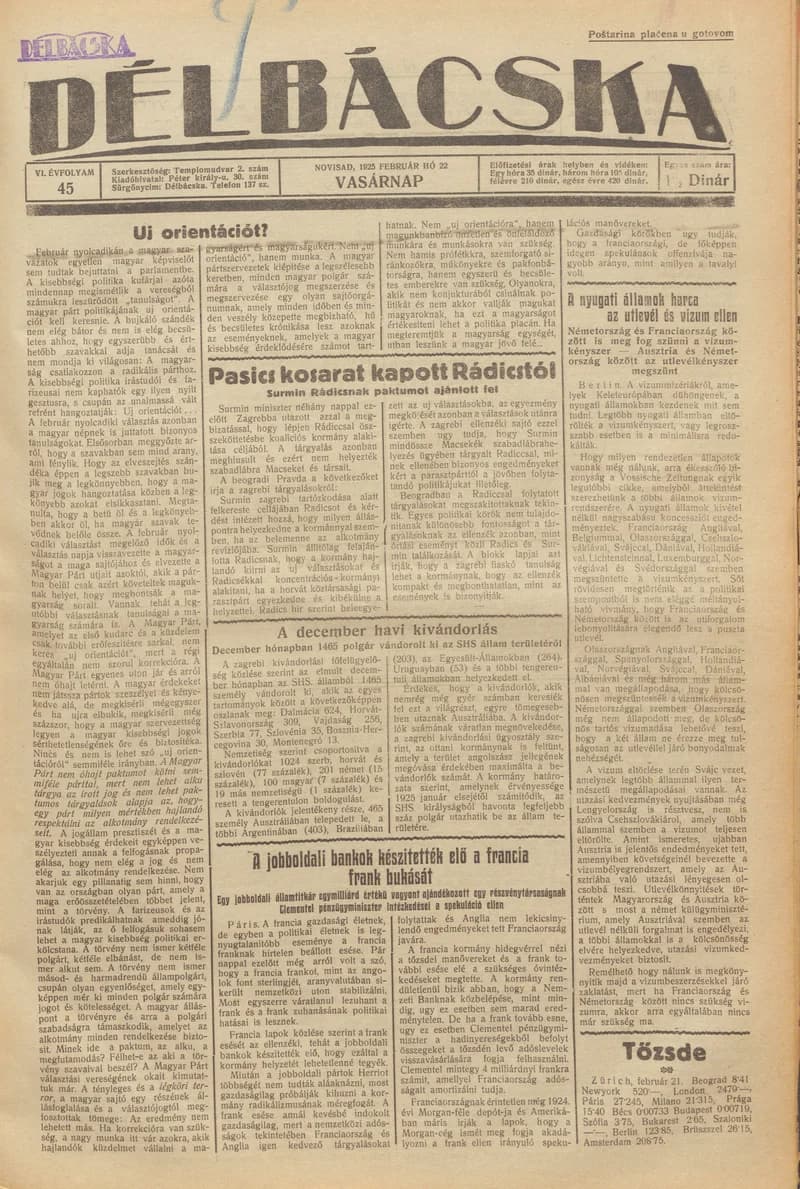 Délbácska, 6. évf. 1925. február 22. 45. sz.