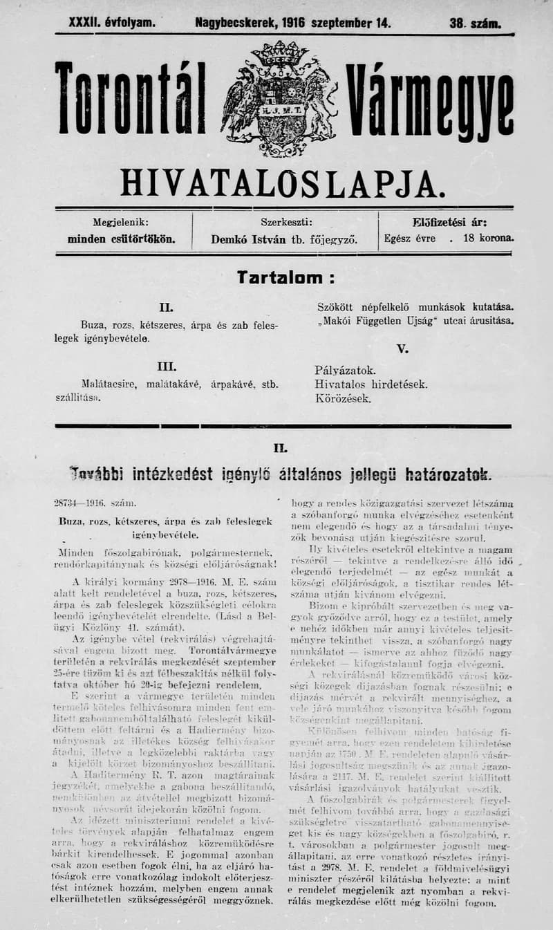 Torontál Vármegye Hivatalos Lapja, 32. évf. 1916. szeptember 14. 38. sz.