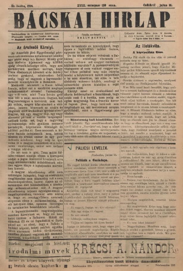 Bácskai Hirlap, 18. évf. 1914. július 16. 159. sz.