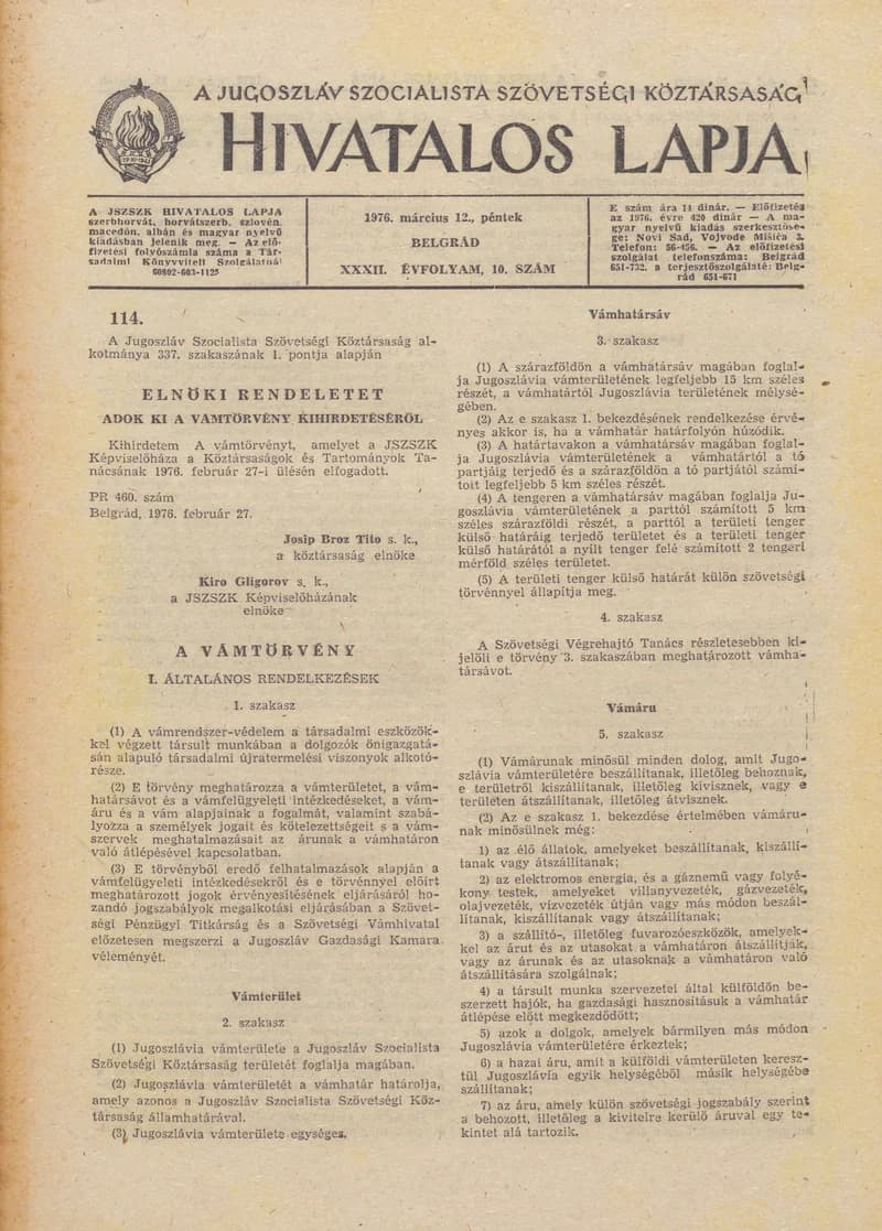 A Jugoszláv Szocialista Szövetségi Köztársaság Hivatalos Lapja, 32. évf. 1976. március 12. 10. sz. 217–272. oldal