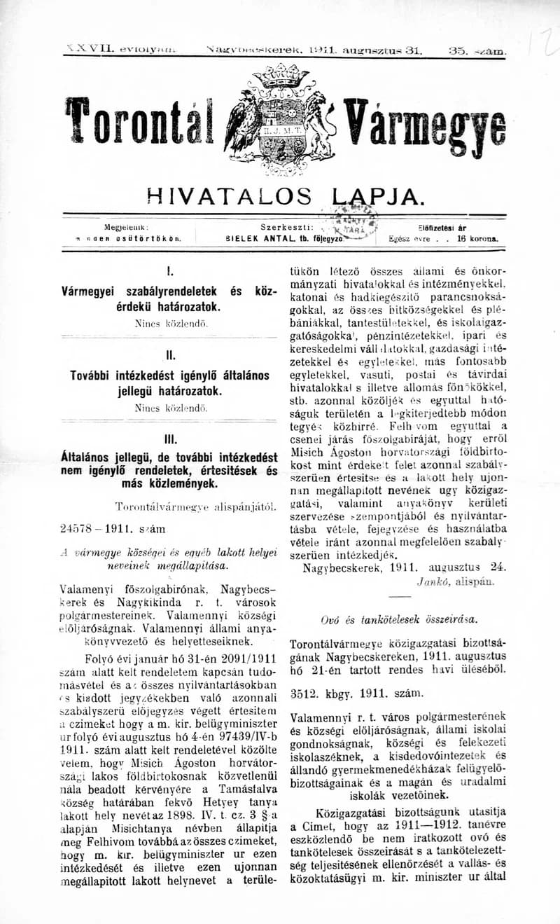 Torontál Vármegye Hivatalos Lapja, 27. évf. 1911. augusztus 31. 35. sz.