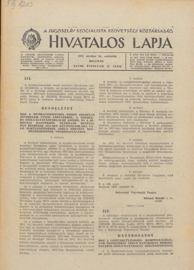 A Jugoszláv Szocialista Szövetségi Köztársaság Hivatalos Lapja, 28. évf. 1972. október 26. 57. sz. 1065–1072. oldal