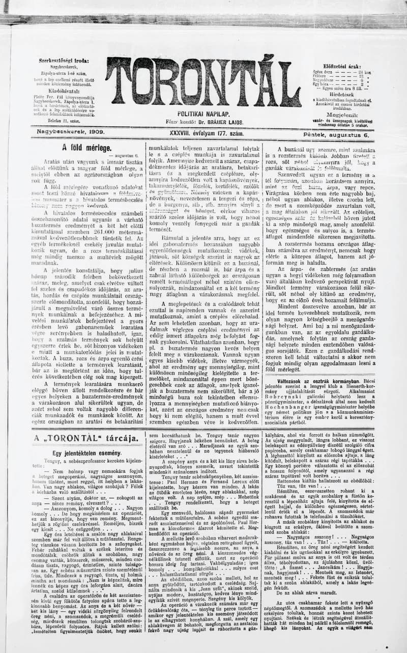Torontál, 38. évf. 1909. augusztus 6. 177. sz.