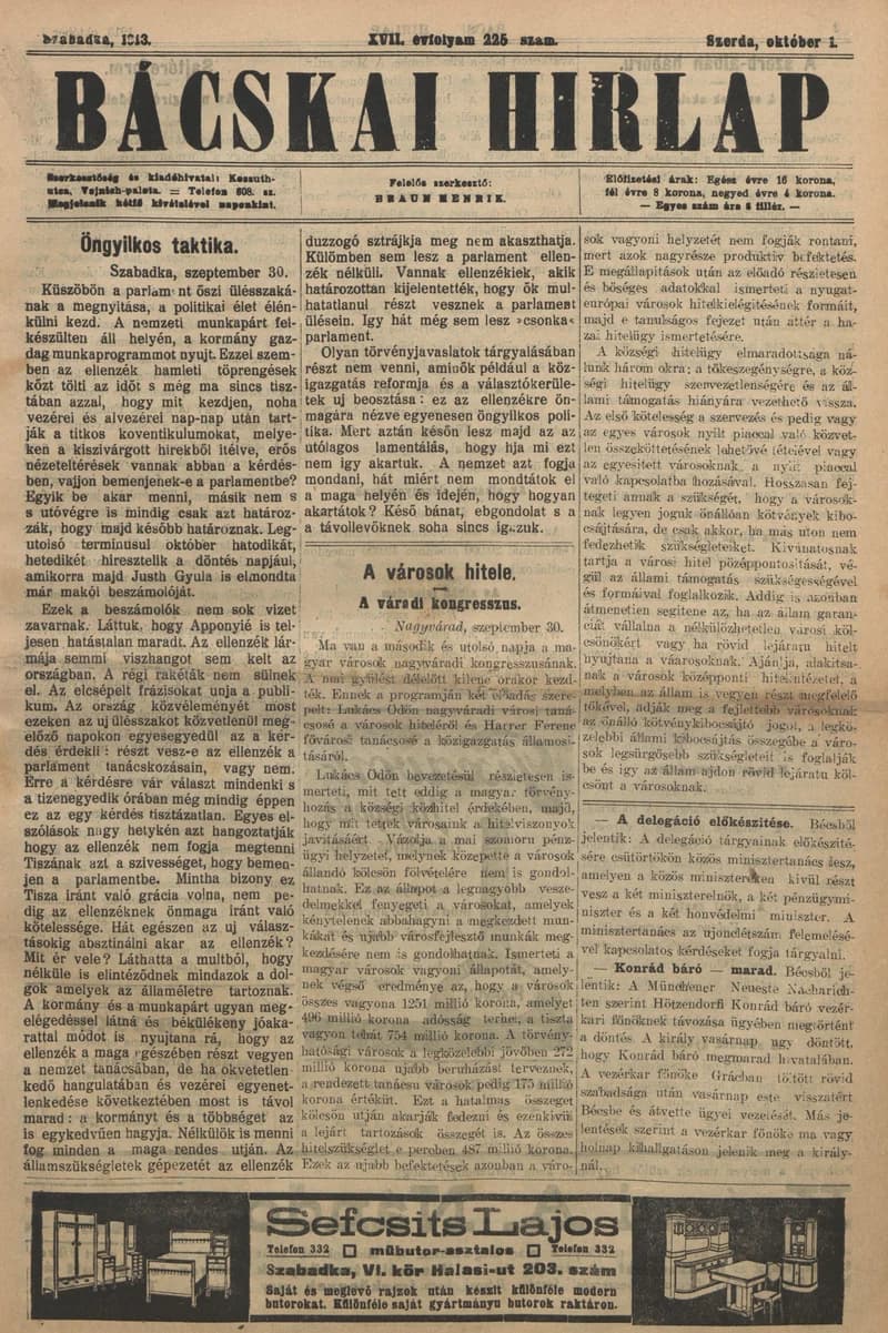 Bácskai Hirlap, 17. évf. 1913. október 1. 225. sz.