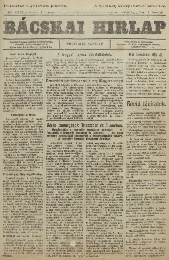 Bácskai Hirlap, 24. évf. 1920. július 17. 113. sz.