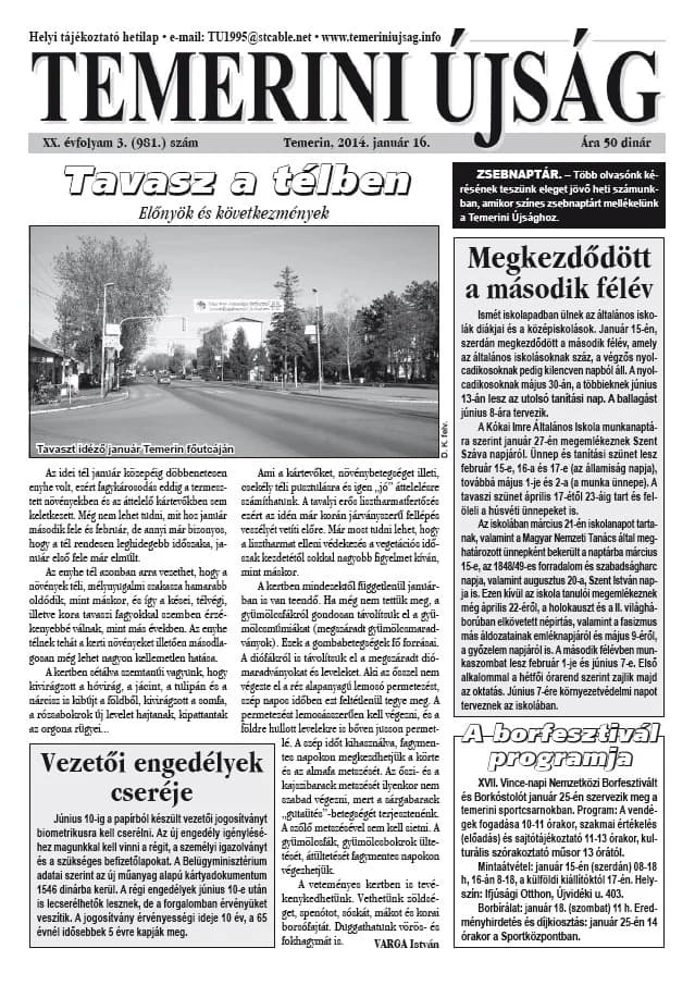 Temerini Újság, 20. évf. 2014. január 16. 3. sz.