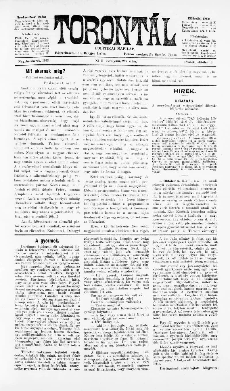 Torontál, 42. évf. 1913. október 3. 227. sz.