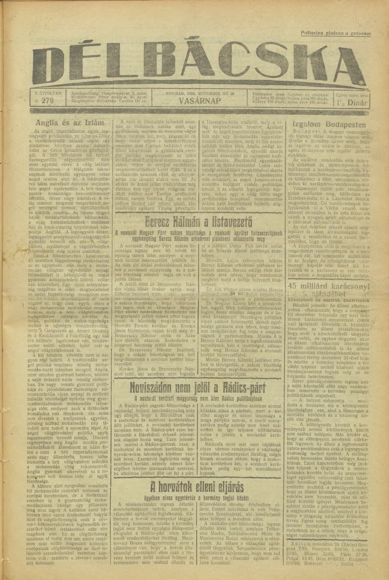 Délbácska, 5. évf. 1924. november 30. 279. sz.