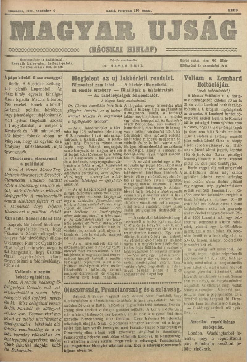 Bácskai Hirlap, 23. évf. 1919. november 4. 120. sz.