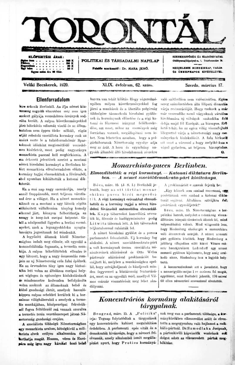 Torontál, 49. évf. 1920. március 17. 62. sz.