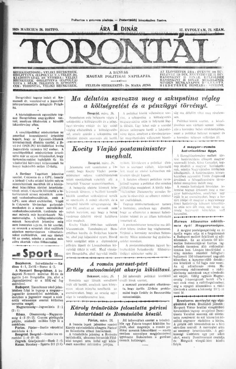 Torontál, 57. évf. 1928. március 26. 72. sz.