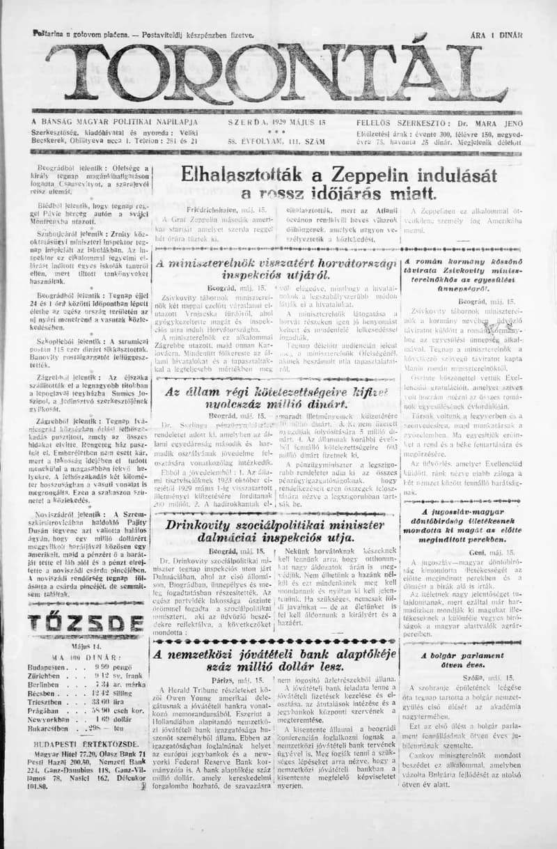 Torontál, 58. évf. 1929. május 15. 111. sz.