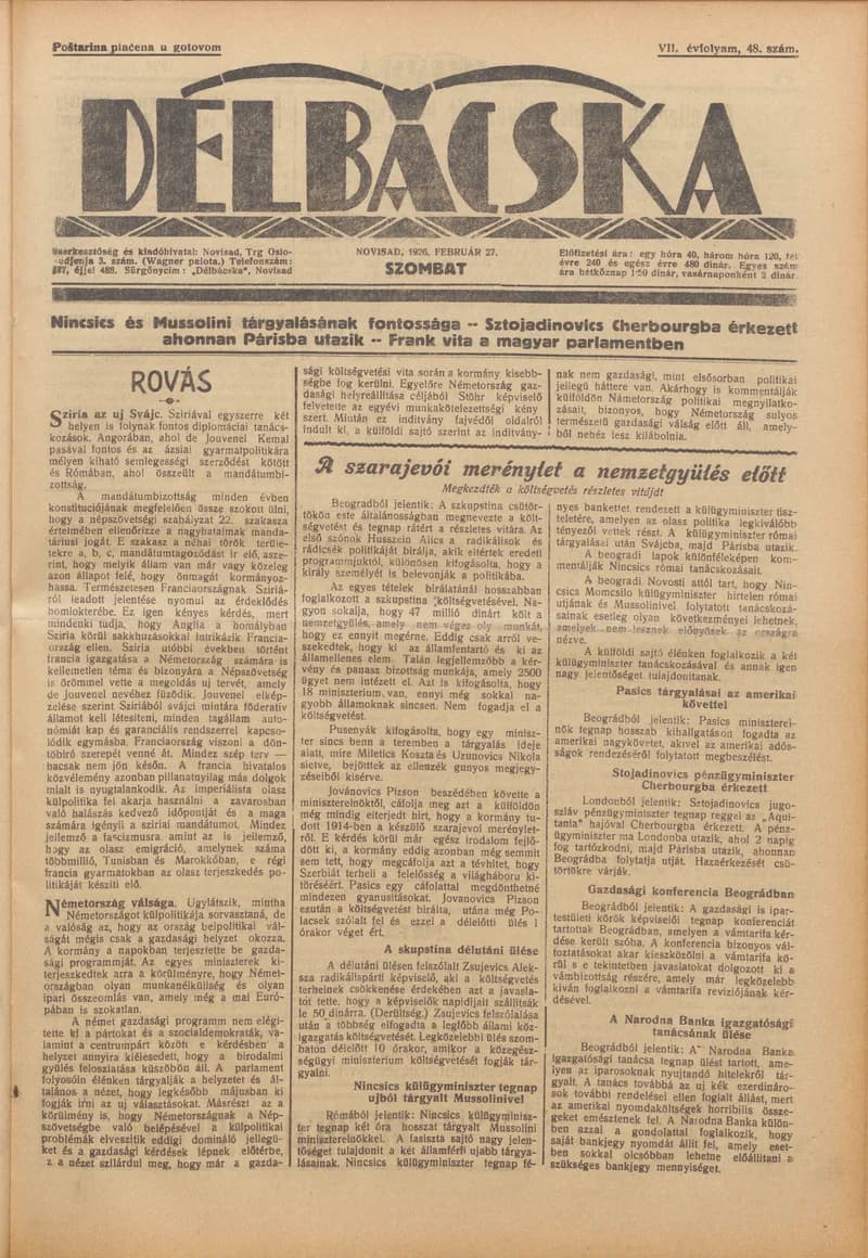 Délbácska, 7. évf. 1926. február 27. 48. sz.