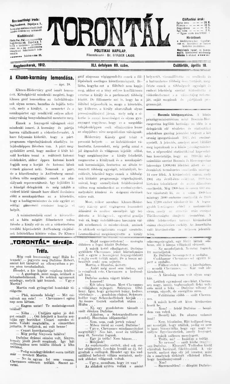 Torontál, 41. évf. 1912. április 18. 89. sz.