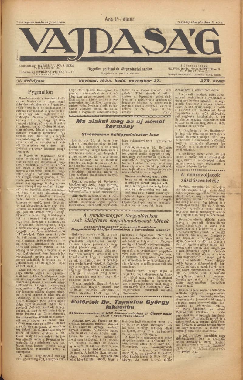 Vajdaság, 3. évf. 1923. november 27. 270. sz.