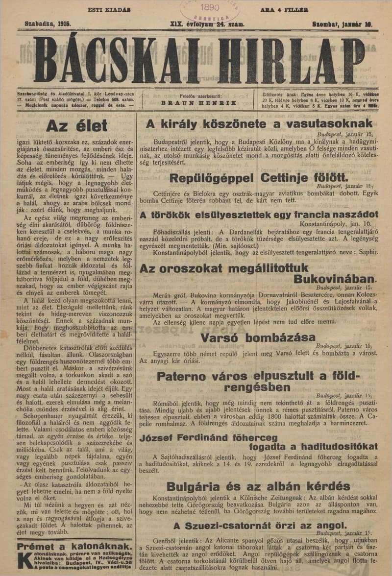 Bácskai Hirlap, 19. évf. 1915. január 16. 24. sz.