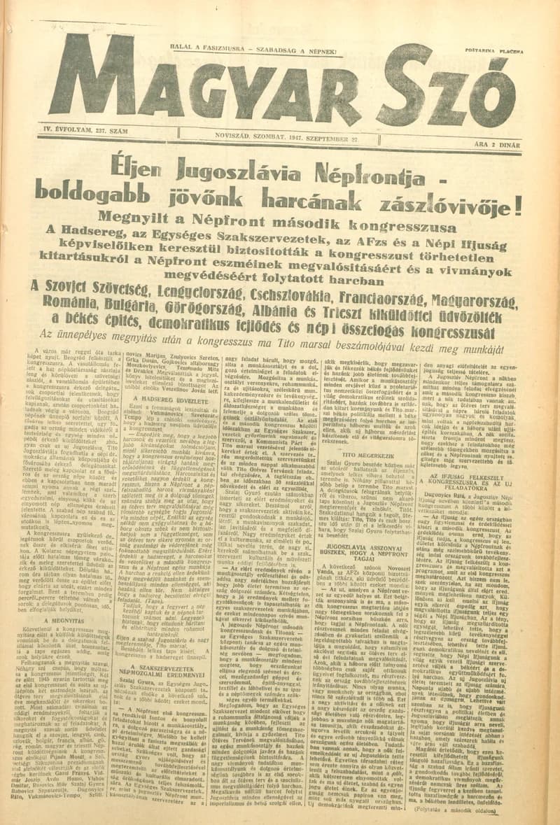 Magyar Szó, 4. évf. 1947. szeptember 27. 237. sz. 1–6. oldal