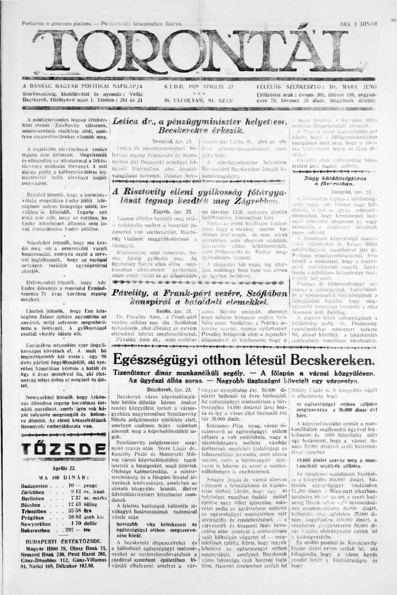 Torontál, 58. évf. 1929. április 23. 94. sz.