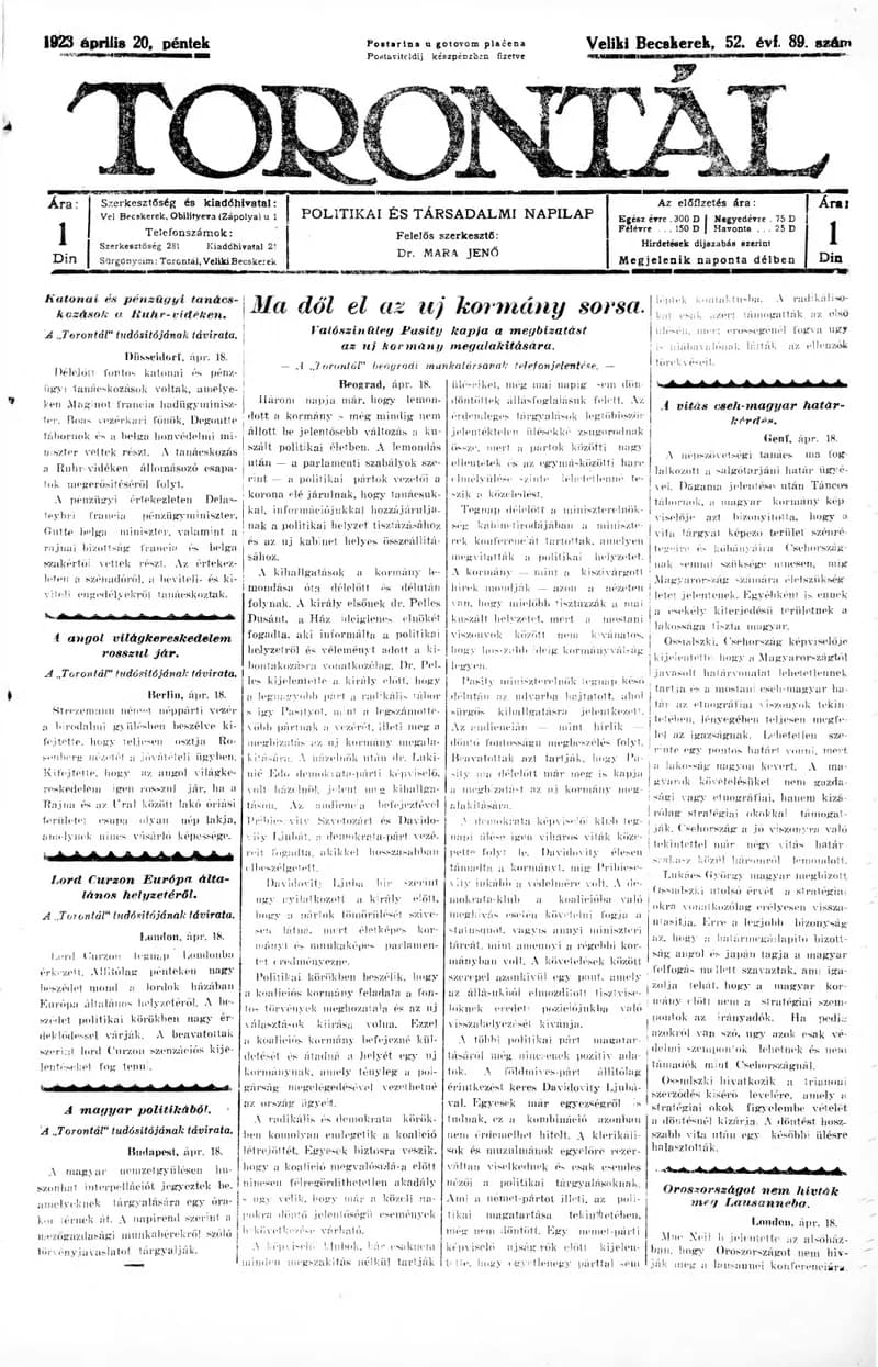 Torontál, 52. évf. 1923. április 20. 89. sz.
