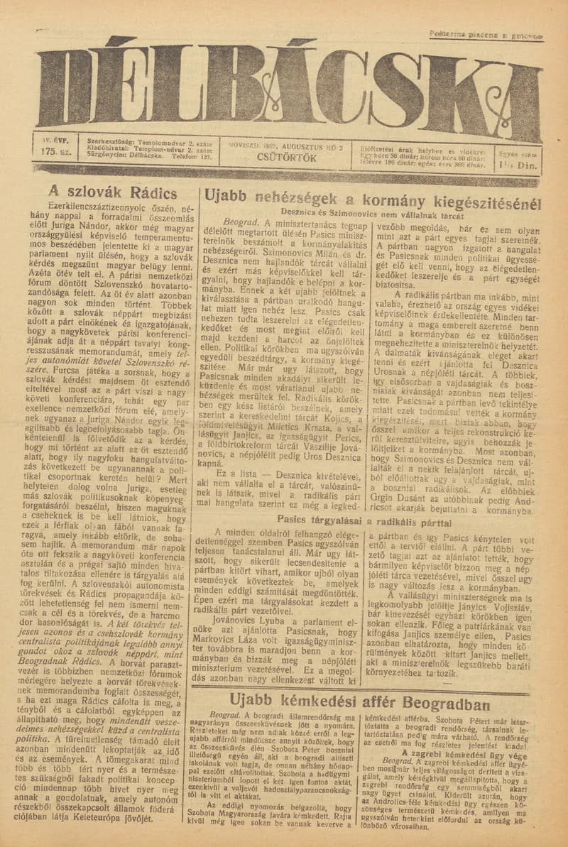 Délbácska, 4. évf. 1923. augusztus 2. 175. sz.