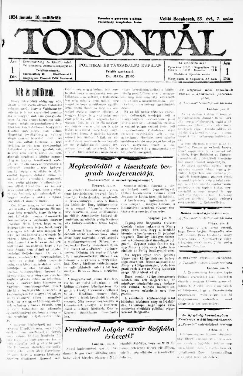Torontál, 53. évf. 1924. január 10. 7. sz.