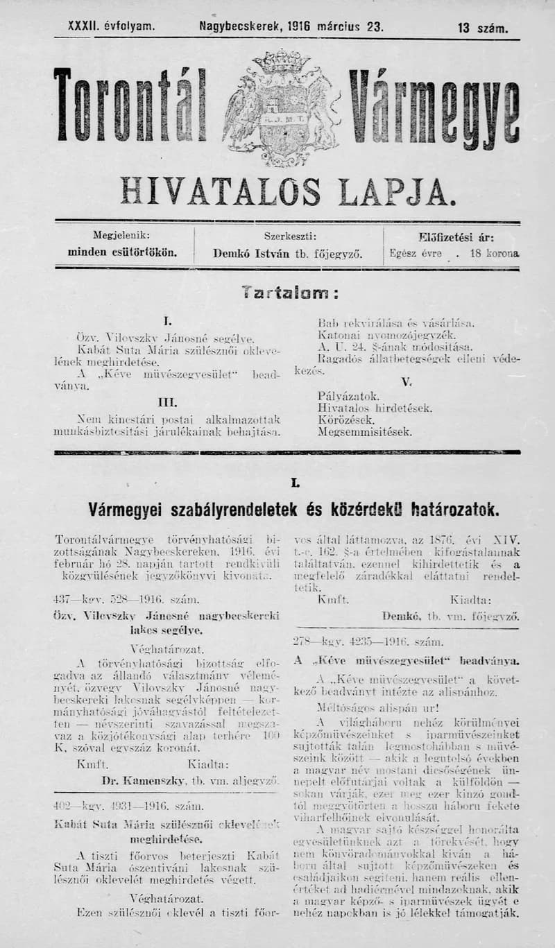 Torontál Vármegye Hivatalos Lapja, 32. évf. 1916. március 23. 13. sz.