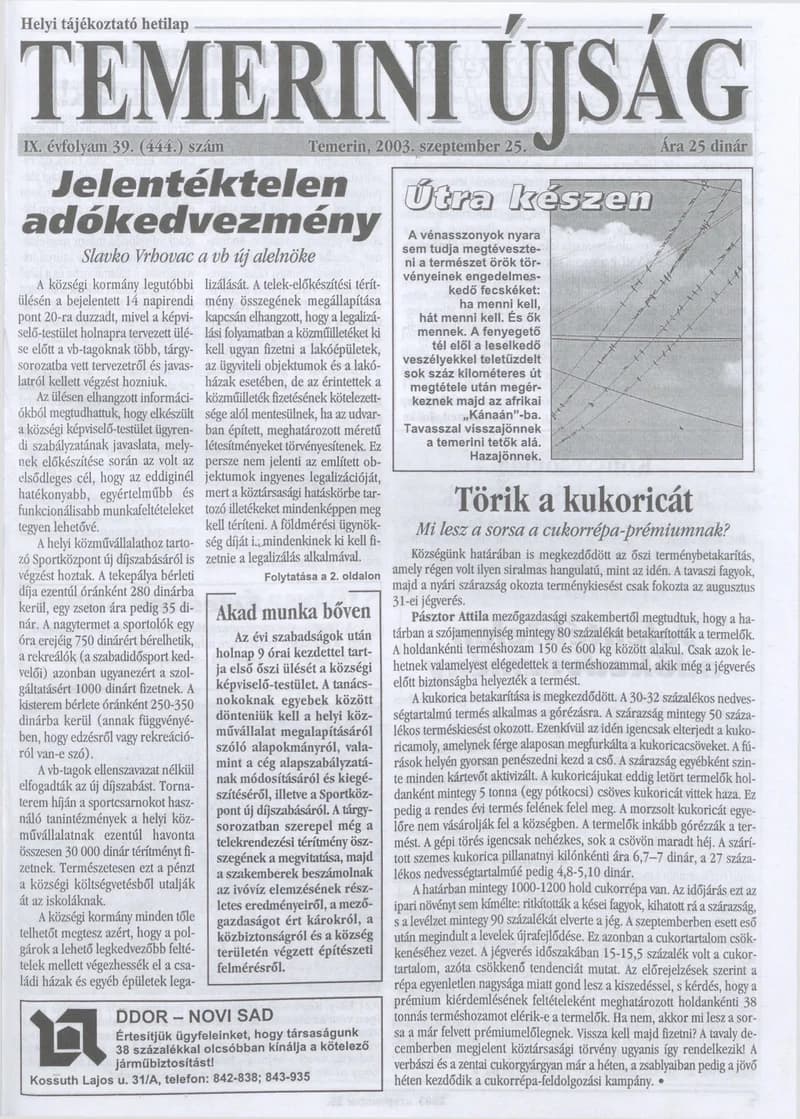 Temerini Újság, 9. évf. 2003. szeptember 25. 39. sz.