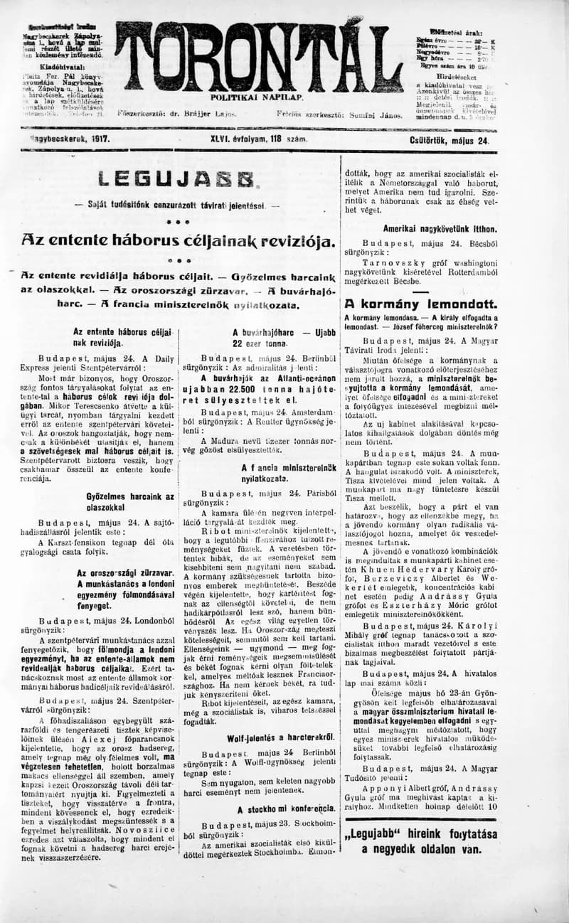 Torontál, 46. évf. 1917. május 24. 118. sz.