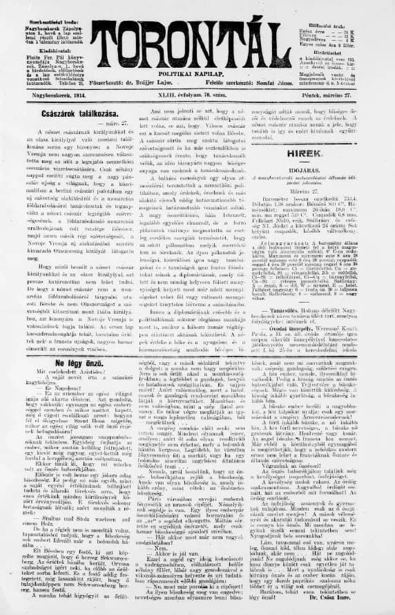 Torontál, 43. évf. 1914. március 27. 70. sz.