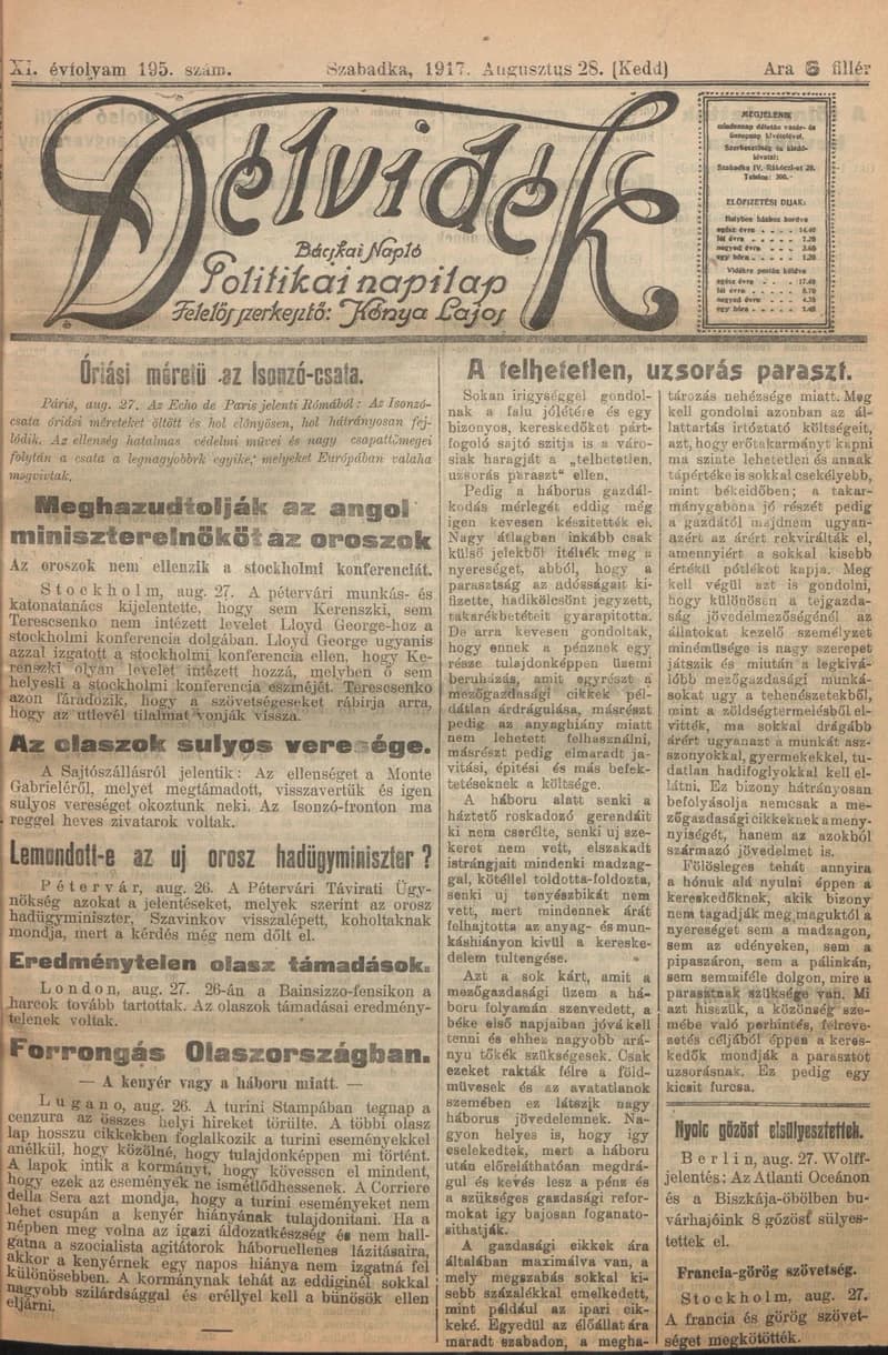 Délvidék, 11. évf. 1917. augusztus 28. 195. sz.