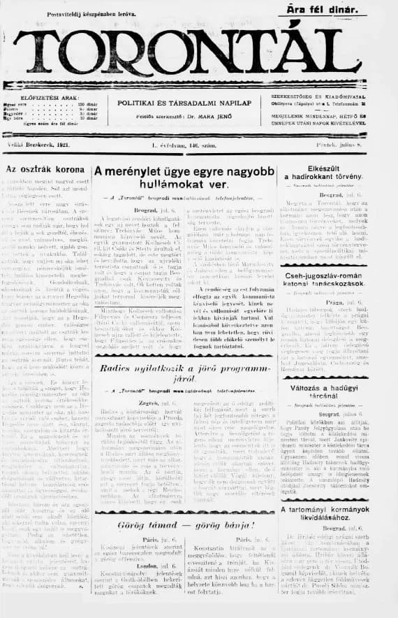 Torontál, 50. évf. 1921. július 8. 146. sz.