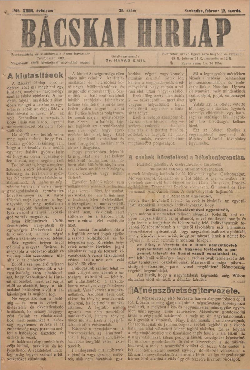 Bácskai Hirlap, 23. évf. 1919. február 12. 35. sz.