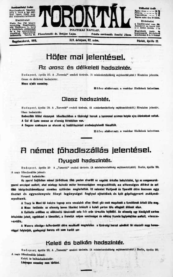 Torontál, 45. évf. 1916. április 21. 92. sz.
