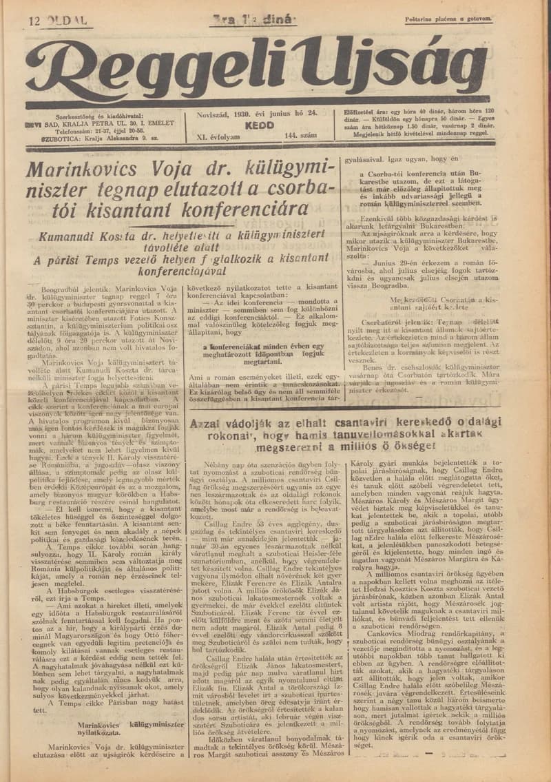 Reggeli Újság, 11. évf. 1930. június 24. 144. sz.