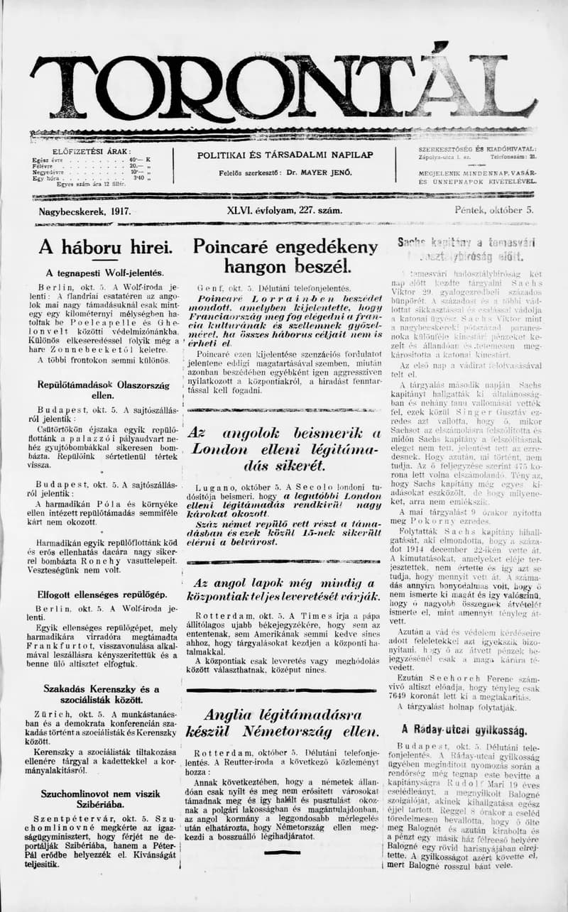 Torontál, 46. évf. 1917. október 5. 227. sz.