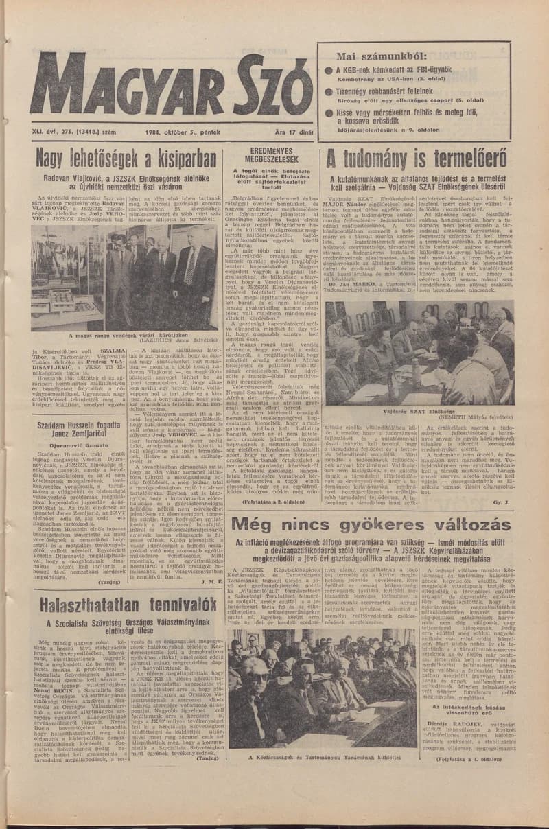 Magyar Szó, 41. évf. 1984. október 5. 275. sz. 1–20. oldal