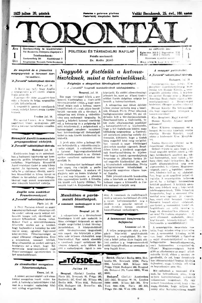 Torontál, 52. évf. 1923. július 20. 160. sz.