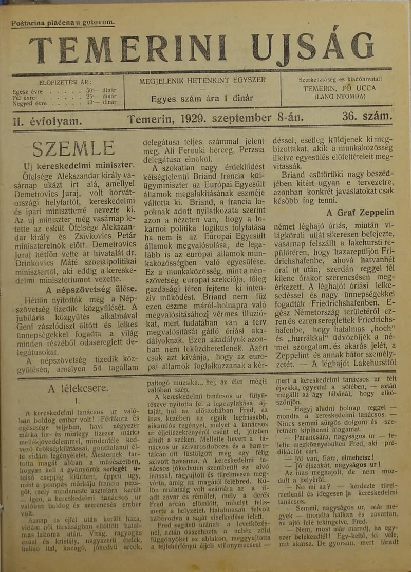 Temerini Újság 1928-1944, 2. évf. 1929. szeptember 8. 36. sz.