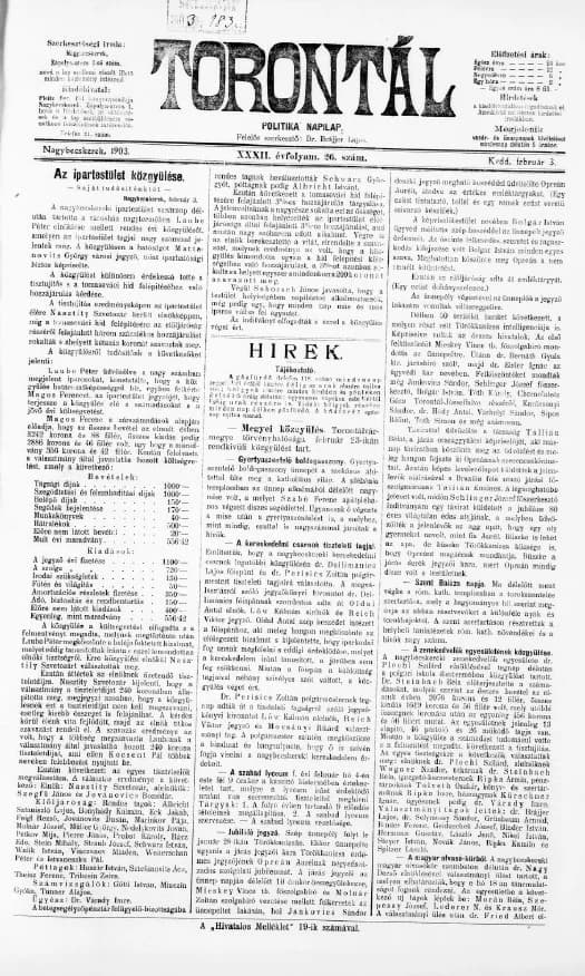 Torontál, 32. évf. 1903. február 3. 26. sz.