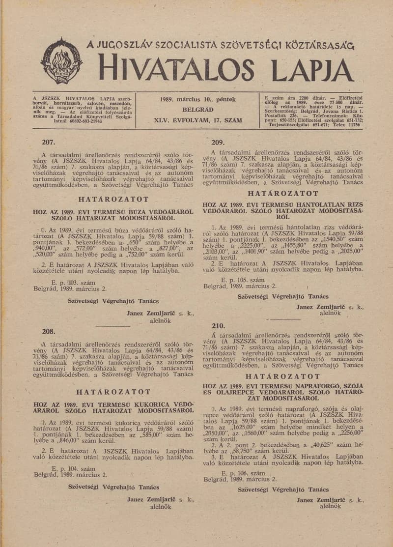 A Jugoszláv Szocialista Szövetségi Köztársaság Hivatalos Lapja, 45. évf. 1989. március 10. 17. sz. 437–460. oldal