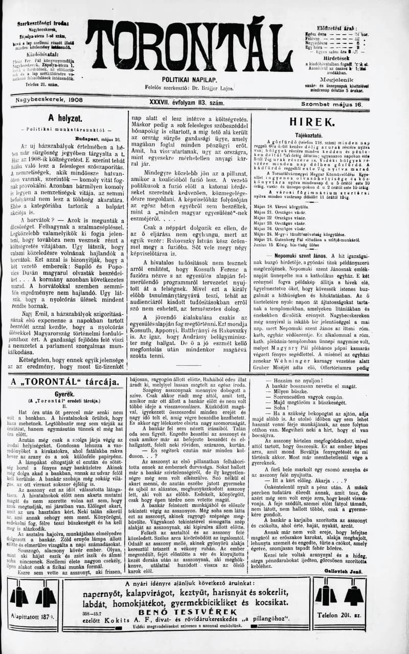 Torontál, 37. évf. 1908. május 16. 113. sz.