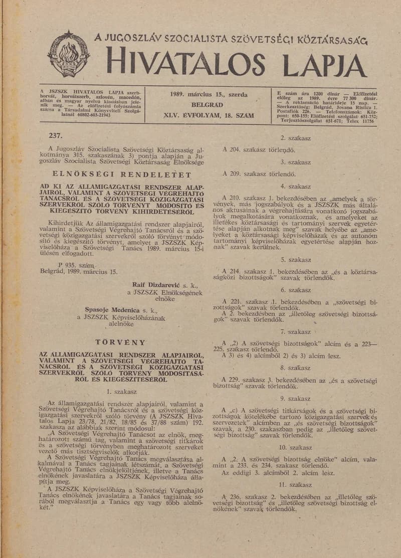 A Jugoszláv Szocialista Szövetségi Köztársaság Hivatalos Lapja, 45. évf. 1989. március 15. 18. sz. 461–464. oldal