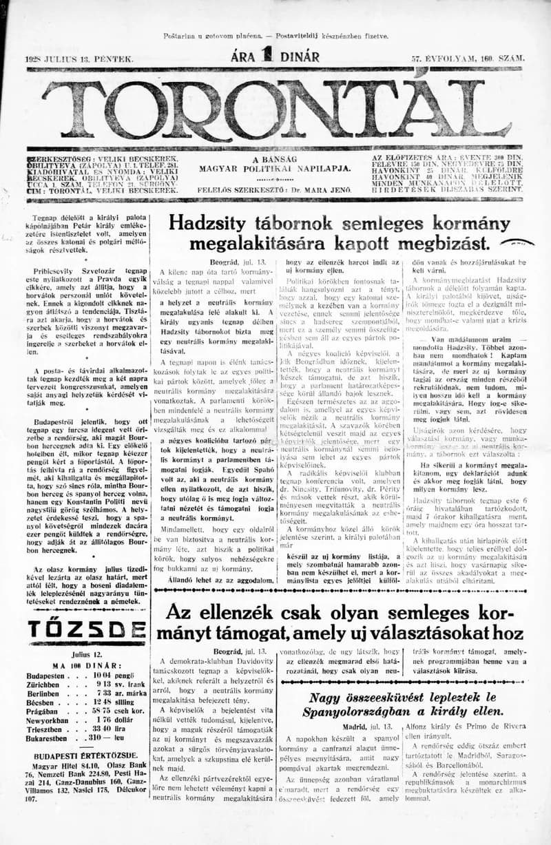 Torontál, 57. évf. 1928. július 13. 160. sz.