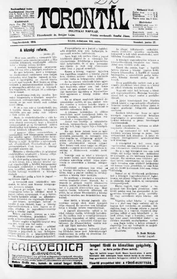 Torontál, 43. évf. 1914. június 27. 144. sz.
