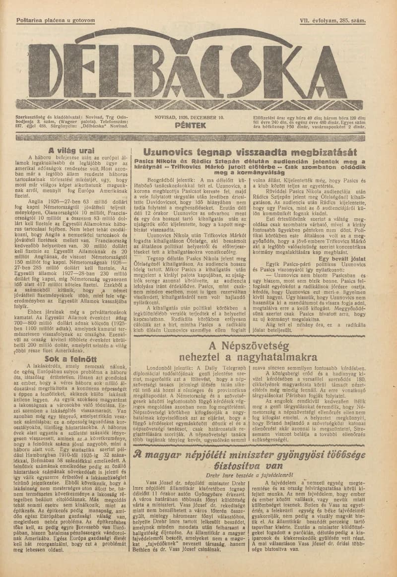 Délbácska, 7. évf. 1926. december 10. 285. sz.