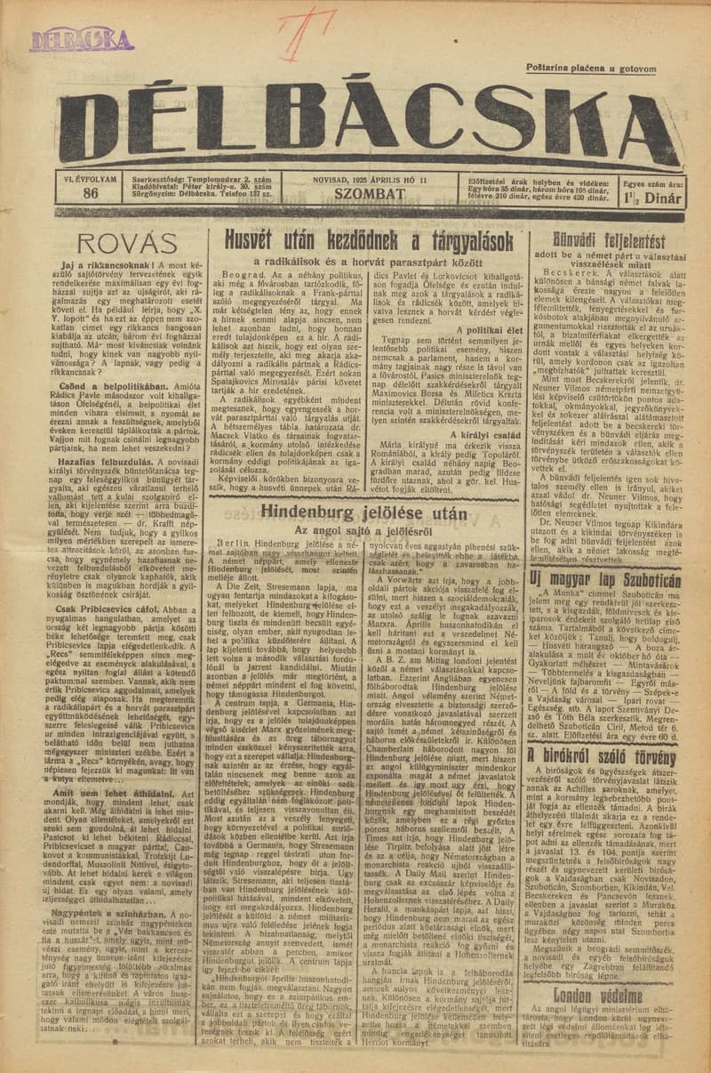 Délbácska, 6. évf. 1925. április 11. 86. sz.