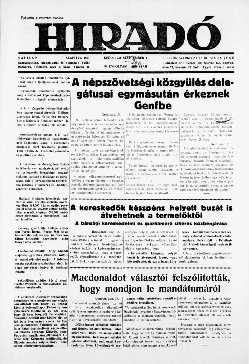 Híradó, 60. évf. 1931. szeptember 1. 200. sz.