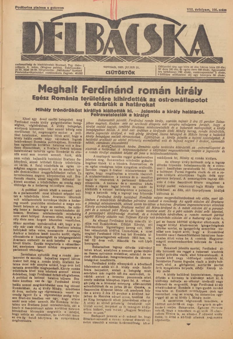 Délbácska, 8. évf. 1927. július 21. 166. sz.